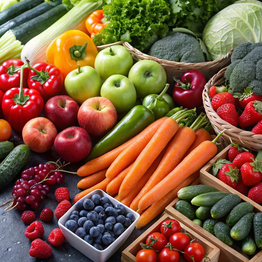 Colorful assortment of raw vegetables and fruits